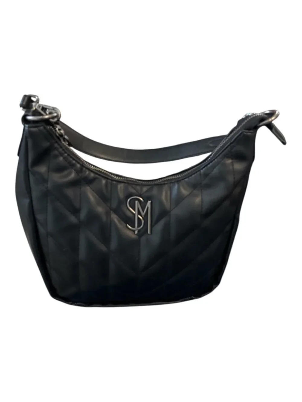 Steve Madden Quilted Black Shoulder Bag SM Logo Chain Strap Hobo Style